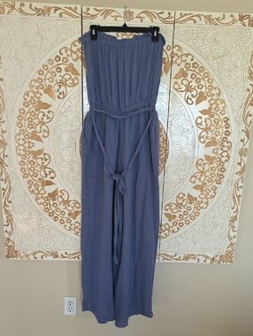 Strapless Wide-Leg Jumpsuit in Dusty Blue
